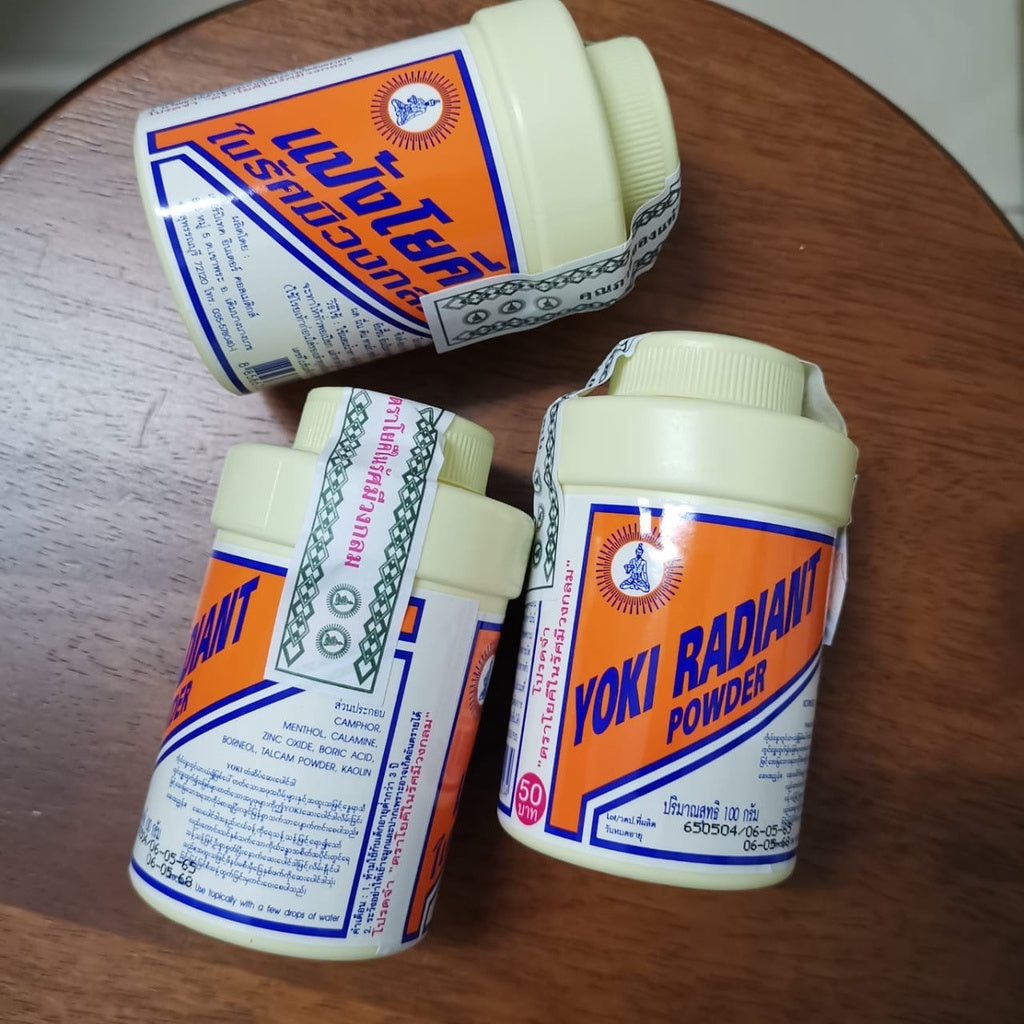 Yoki Radiant Powder Bedak Gatal 100gram Osotsart แป้ง โยคี ในรัศมีวงกลม โย โญ คี กี กรัม กระป๋อง ผง คน ผด ผื่น กล่อง แท